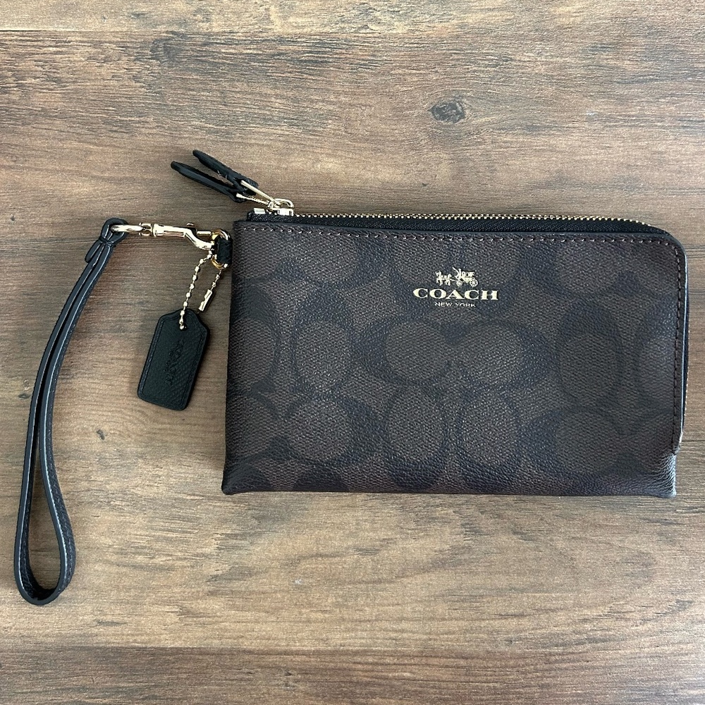 Coach | Large Double Zip Wristlet Purse | Brown Black Signature Monogram